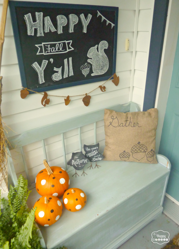 fall front porch with chalkboard art and diy sharpie pillow covers and polka dot pumpkins at thehappyhousie 736x1024