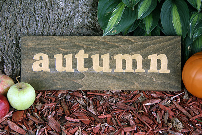 Wooden autumn sign on the ground with apples and a pumpkin beside it.