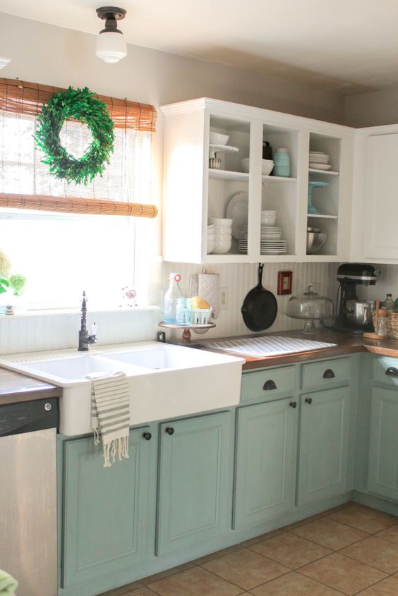 10 Stunning Farmhouse Kitchens With Coloured Cabinets The Happy Housie