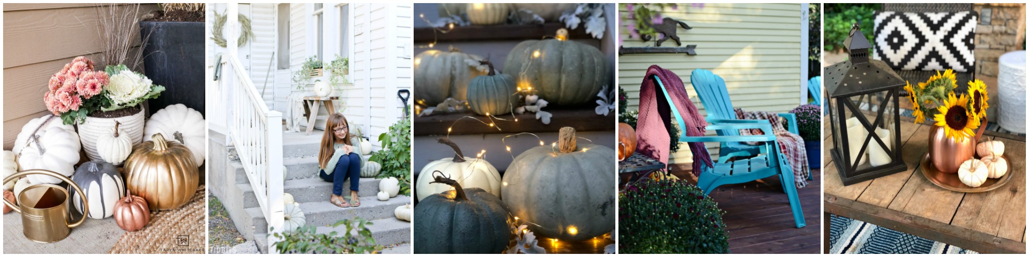 Neutral Fall Porch with Pumpkins and Cornstalks