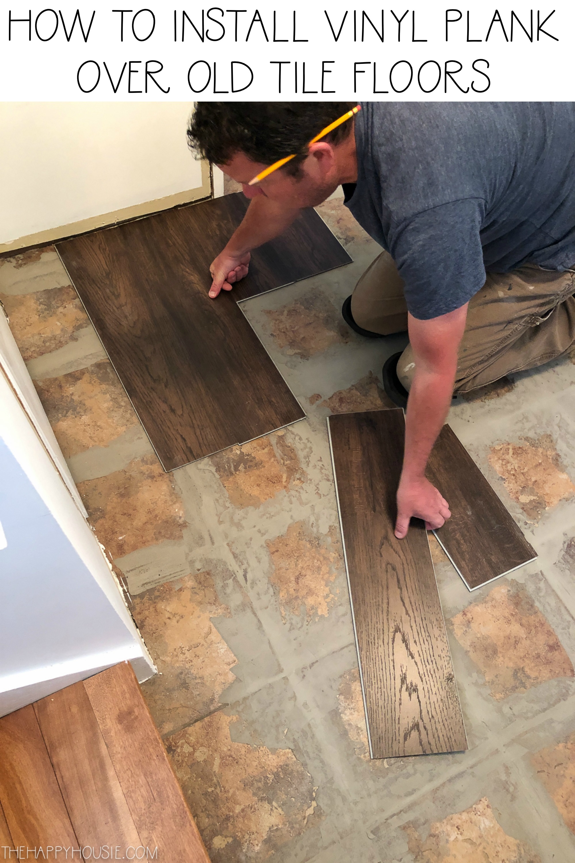 How To Install Vinyl Plank Over Tile Floors The Happy Housie - Can You Put Laminate Flooring Over Tile In The Bathroom