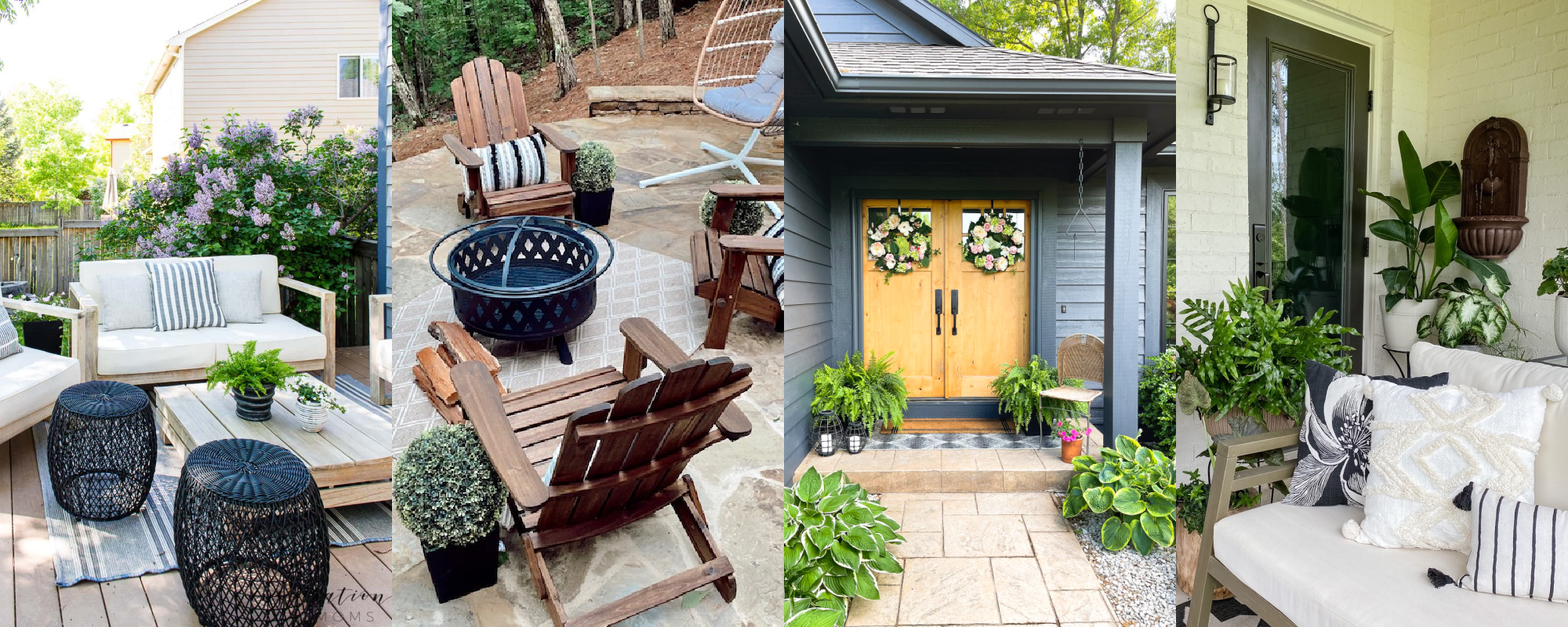  Family Patio Ideas by popular Alabama life and style blog, She Gave It A Go: collage image of patios with wooden patio furniture, natural color area rugs, and a fire pit. 