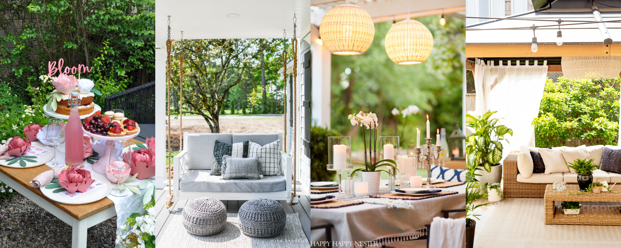  Family Patio Ideas by popular Alabama life and style blog, She Gave It A Go: collage image of a table set with pink desserts, white wooden porch swing with grey cushions, outdoor table set with white pillar candles, white glass dishes, woven placemats, and linen napkins, and patio decorated with bistro lights, wicker furniture with cream cushions and posted plants. 