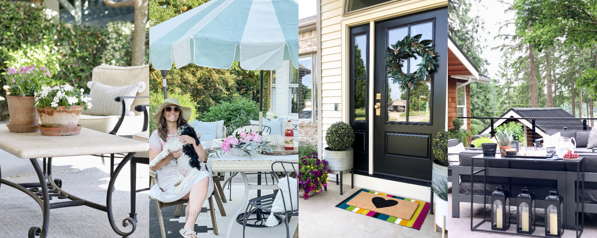  Family Patio Ideas by popular Alabama life and style blog, She Gave It A Go: collage image of a white and black metal coffee table, a woman sitting at a table with blue and white shade umbrella while holding her black puppy, a black front door with a bay leaf wreath, and a black metal table with a tray of drinks. 