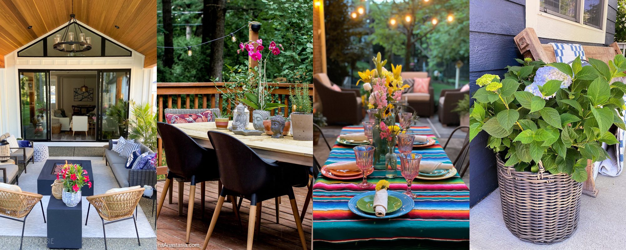  Family Patio Ideas by popular Alabama life and style blog, She Gave It A Go: collage image of a patio with wicker furniture and a gas fire pit, outdoor dining table with black chairs and bistro lights, table set with a Mexican blanket table cloth, yellow, pink and red floral arrangements, and colorful glass dish wear, and a green plant in a wicker basket. 