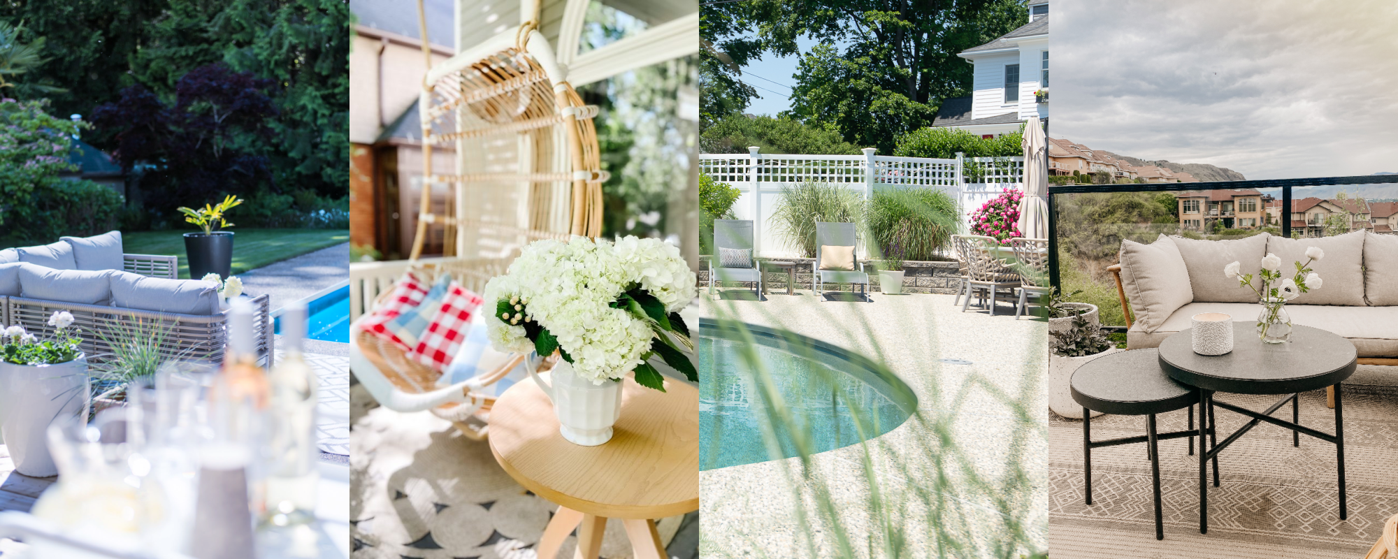  Family Patio Ideas by popular Alabama life and style blog, She Gave It A Go: collage image of a wicker sectional couch with grey cushions next to a swimming pool, hanging rattan chair next to a round wooden table with a white vase filled with white hydrangea flowers, and a black metal coffee table next to a outdoor couch with taupe colored cushions. 