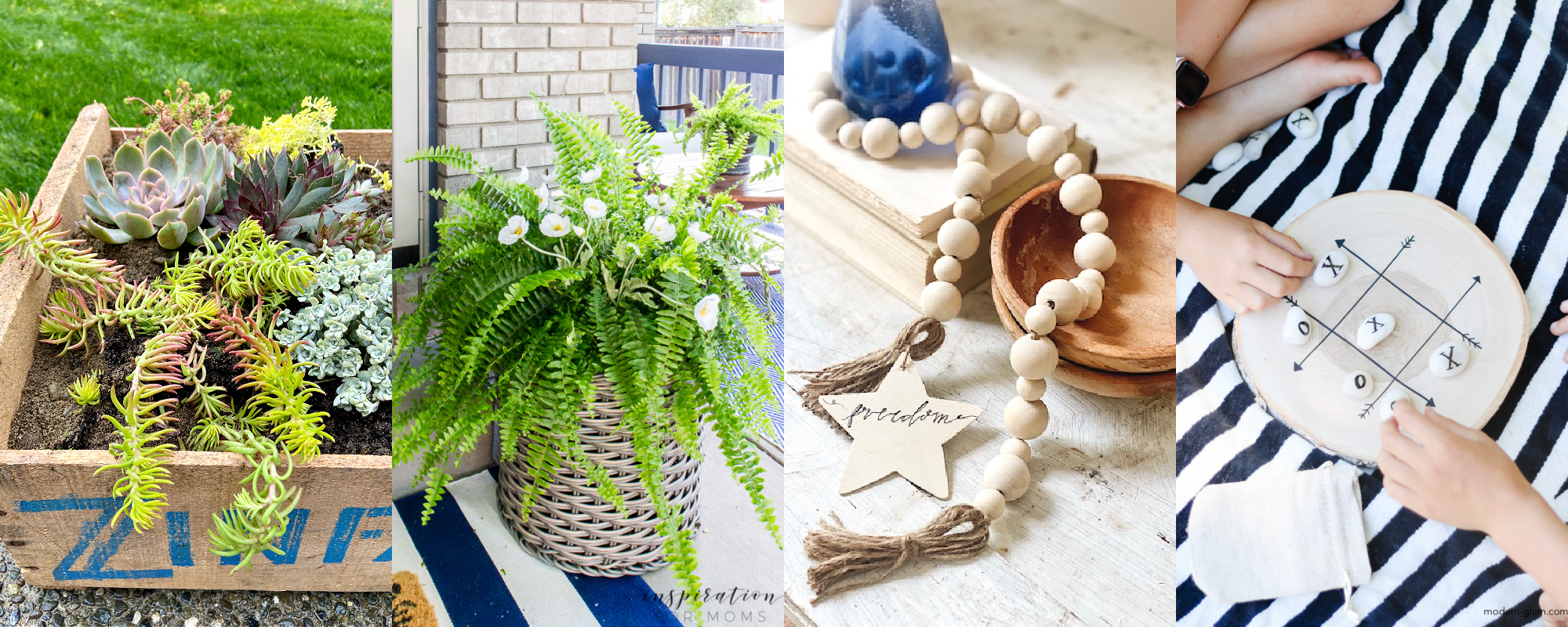 DIY Beaded Garland by popular Alabama DIY blog, She Gave It A Go: collage image of a wooden succulent planter box, fern plant in a wicker basket, wooden bead garland, and DIY Tic Tac Toe game. 