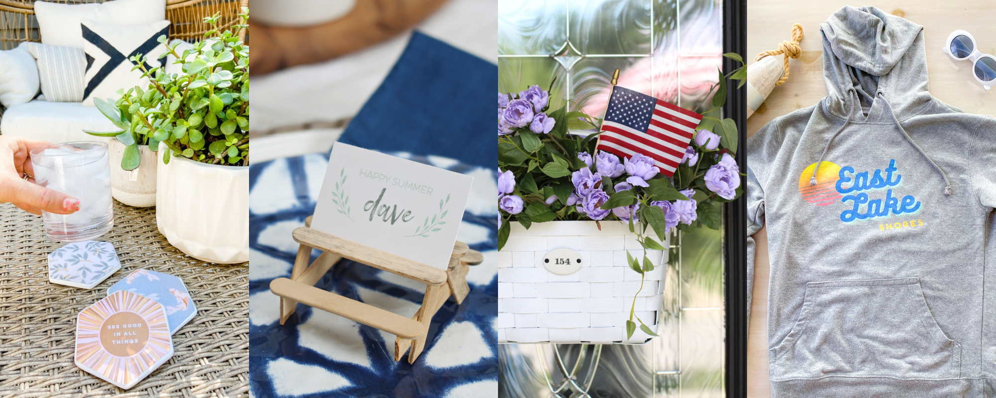 DIY Beaded Garland by popular Alabama DIY blog, She Gave It A Go: collage image of DIY hexagon coasters, DIY picnic table name card holders, DIY basket wreath filled with purple flowers and a mini American flag, and a East Lake hoodie.  