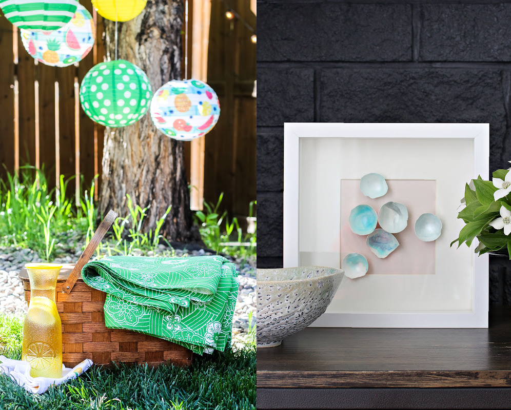 DIY Beaded Garland by popular Alabama DIY blog, She Gave It A Go: collage image of a wooden picnic basket with a green blanket resting under some paper planters hanging from a tree and a white picture frame with modern blue #D art next to a blue and grey ceramic bowl. 